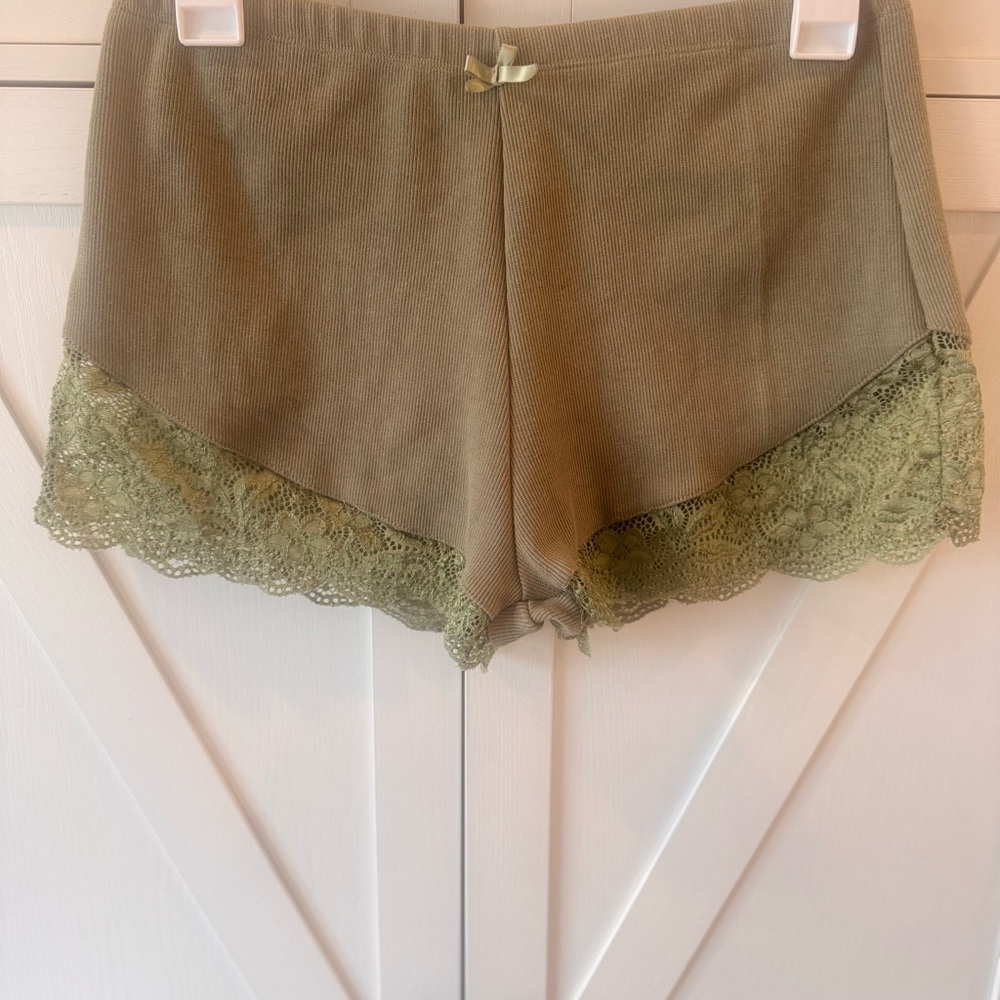 SHEIN green ribbed, Lace Trim Sleep Shorts and top